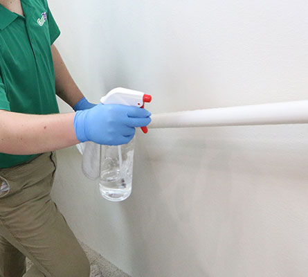 Technician sanitizes banister with spray